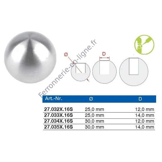 Boule pleine avec trou borgne (embout pour barre, AISI 316), différentes dimensions