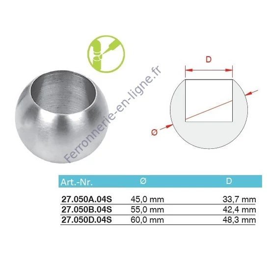 Boule pleine avec trou borgne (embout pour tube rond, AISI 304), différentes dimensions