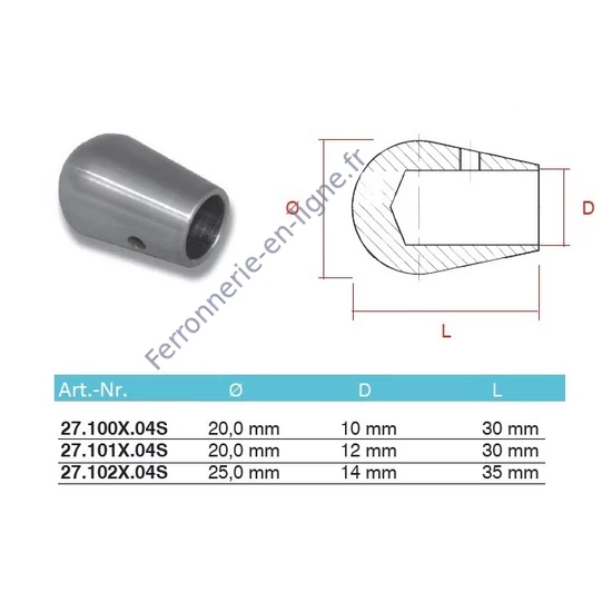 Embout pour barre, inox (AISI 304), différentes dimensions
