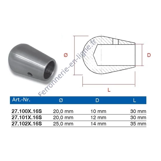 Embout pour barre, inox (AISI 316), différentes dimensions
