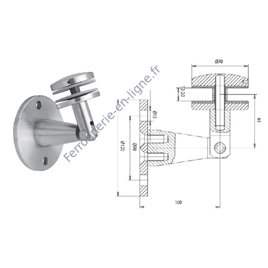 Fixation panneau de verre, pièce murale, rond, inox (AISI 304)