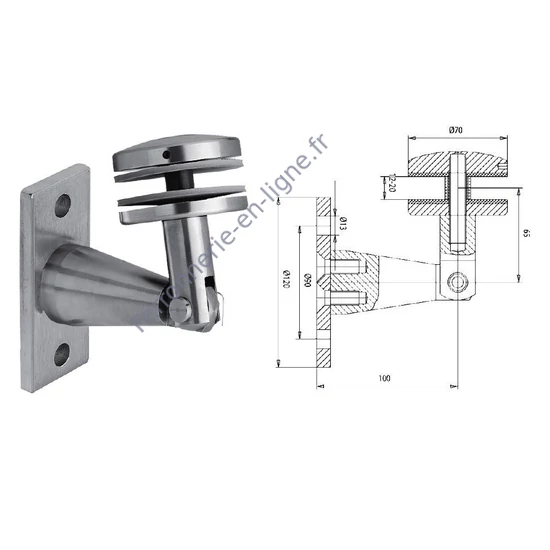 Fixation panneau de verre, pièce murale, rectangulaire, inox (AISI 304)