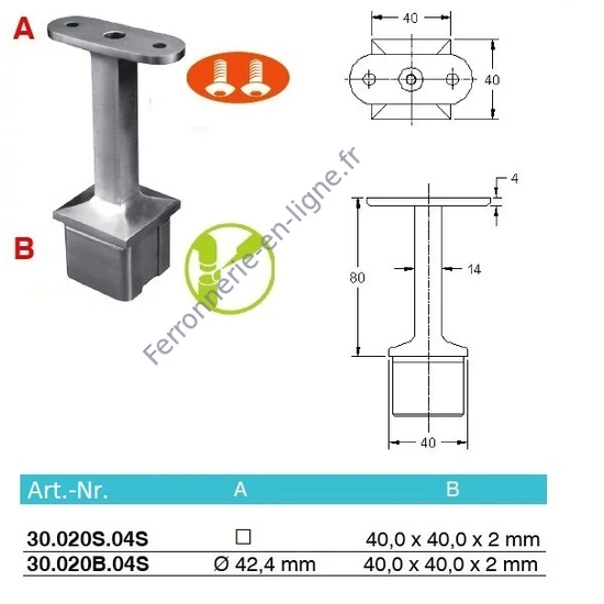 Support de main courante pour tube carré ou rond, inox (AISI 304)