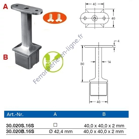 Support de main courante pour tube carré ou rond, inox (AISI 316)
