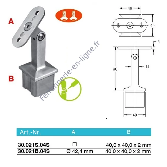 Support de main courante orientable pour tubes carrés ou ronds, inox (AISI 304)