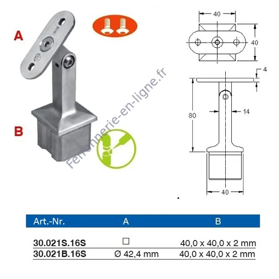 Support de main courante orientable pour tube carré ou rond, inox (AISI 316)