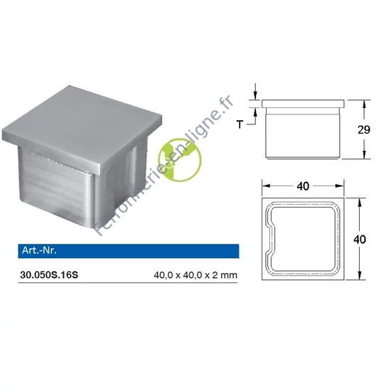 Embout pour tube carré, inox (AISI 316)