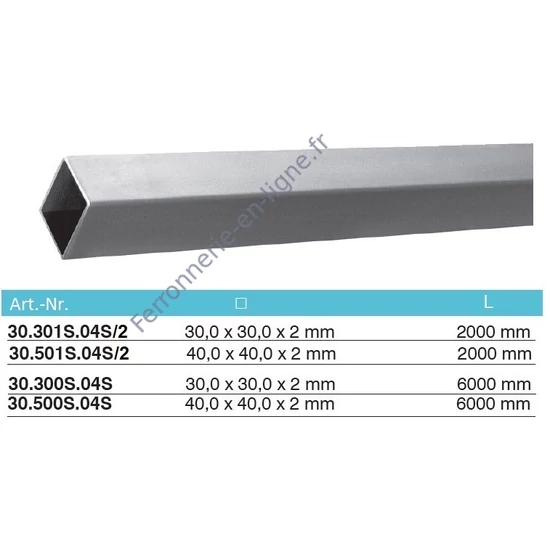 Tube carré inox (AISI 304), différentes dimensions