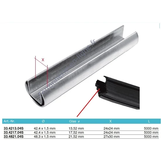 Tube rond à rainure avec insert en caoutchouc, inox (AISI 304), différentes tailles