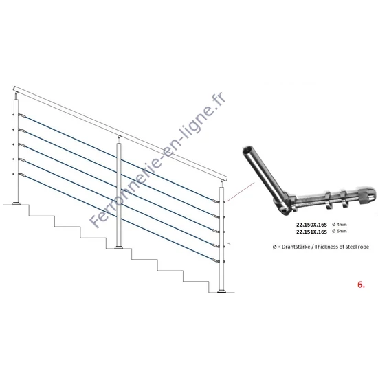 Embout fileté orientable pour câble inox, connexion à tube rond 42,4 mm, inox (AISI 316), différentes dimensions