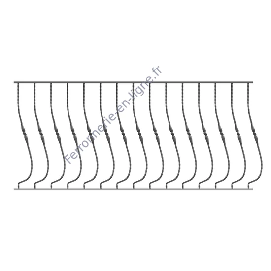 Barreau de balcon, barreau galbé design moderne en fer forgé, profil carré martelé, différentes sections et hauteurs