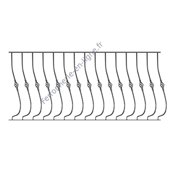 Barreau de balcon, barreau galbé classique en fer forgé, profil carré martelé, différentes sections et hauteurs
