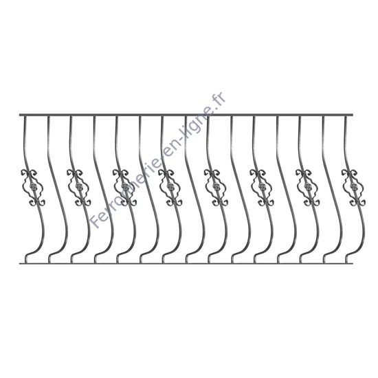 Barreau de balcon, barreau galbé classique en fer forgé, profil carré, différentes sections et hauteurs