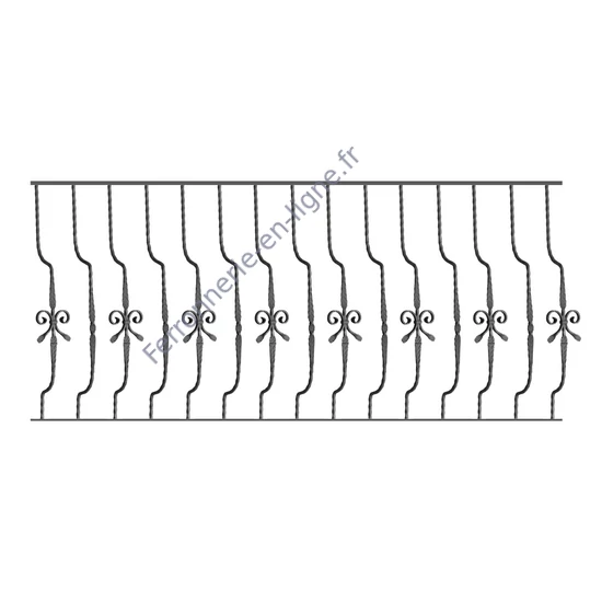 Barreau de balcon, barreau galbé design moderne en fer forgé, profil carré martelé, différentes sections