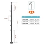 Poteau inox avec ancrage au sol, tube rond, rosace de couverture, 5 supports de barre traversante (Ø10 mm) et support de main courante avec joint (AISI 304), différentes dimensions
